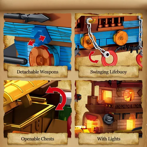 Miniatura 4 de Vziimo Juegos de construcción de barcos piratas con luces, modelo creativo de barco, barco pirata, juguetes de construcción para decoración