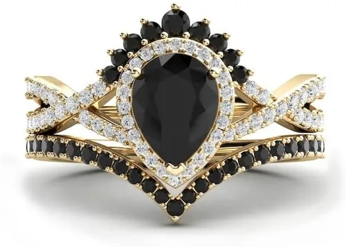 Miniatura 7 de Anillo de compromiso de ónix negro en forma de pera, halo de oro rosa, único juego de anillos de compromiso de piedra negra para mujer, anillo