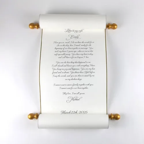 Miniatura 4 de Pergamino personalizado de letras en papel pergamino crema de 8 x 20 pulgadas con detalles dorados, hecho a mano en los Estados Unidos