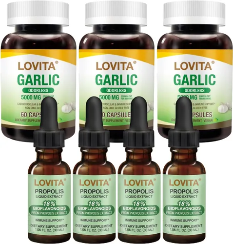 LOVITA Total Health Bundle - 4 líquidos de propóleo y 3 cápsulas de ajo, fórmula vegana de apoyo para el corazón y el sistema inmunológico (juego de