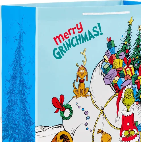 Miniatura 6 de Hallmark Bolsas de regalo de Navidad Grinch para niños (2 bolsas: 1 grande de 13 pulgadas, 1 extra grande de 15 pulgadas) Grinch con Max y trineo