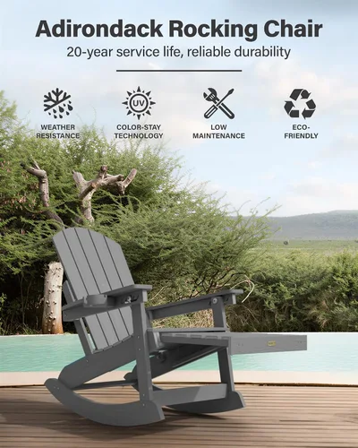 Miniatura 5 de YEFU Sillas Adirondack con otomana retráctil: sillas mecedoras Adirondack de gran tamaño, respaldo alto ajustable de 5 niveles, balancín para Gris