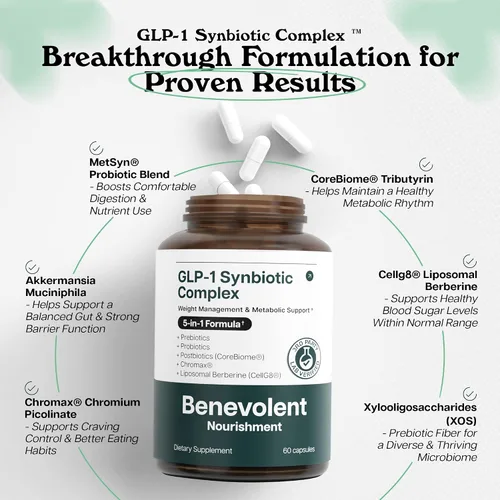 Miniatura 4 de Benevolent Glp-1 Support Simbiótico 5 en 1 con Akkermansia, MetSyn®, Chromax® y berberina liposomal Suplemento natural de probióticos GLP 1