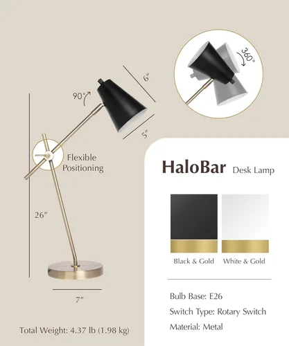 Miniatura 9 de Lámpara de escritorio HarvestLand HaloBar de latón para el hogar y la oficina – Lámpara de mesa industrial negra con base sólida para oficina