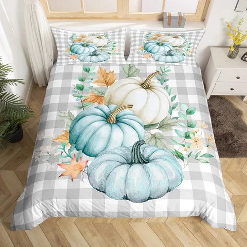 Miniatura 27 de Erosebridal Juego de funda de edredón individual de pavo de Acción de Gracias, juego de ropa de cama de calabaza y hojas de otoño para niños