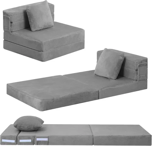 Miniatura 16 de MeMoreCool Silla Cama Futón Plegable para Niños, Sofá Cama Tri-plegable Brillante Convertible Colchón Sofá para Niños Pequeños, Sofá de Espuma