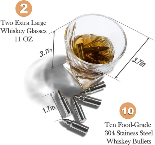 Miniatura 4 de Juego de piedras de whisky en forma de bala de alta calidad para hombres, 10 balas de acero inoxidable para whisky, 2 vasos de 11 oz , posavasos