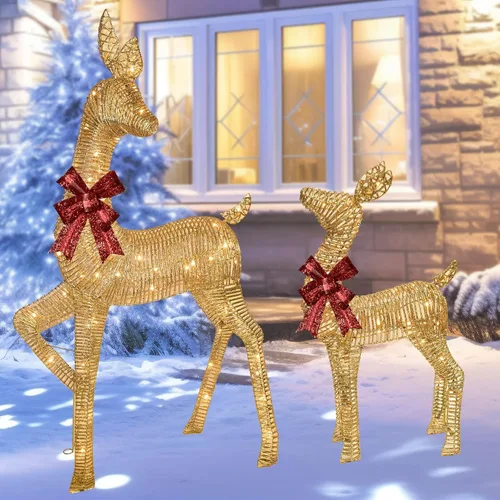 Miniatura 9 de 2 piezas de ciervos de Navidad grandes iluminados, decoración de patio de HOYECHI al aire libre, reno de ratán con 85 luces LED, estacas, lazos
