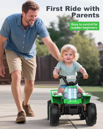 Miniatura 7 de ANPABO - Cuatrimoto eléctrica para paseo de 6V 7AH para niños, de 4 ruedas para niños pequeños con faro, marcha adelante y atrás, claxon, Verde