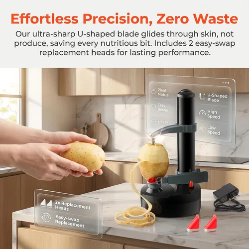 Miniatura 6 de TOPCHANCES Pelador de patatas eléctrico automático multifuncional, cortador de frutas y verduras giratorio automático, herramienta de pelado de Negro