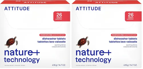 Pastillas para Lavavajillas ATTITUDE, Fórmula Efectiva a Base de Plantas y Minerales Soluble en Agua, Libre de Fosfatos, Vegana y Sin Crueldad, Sin