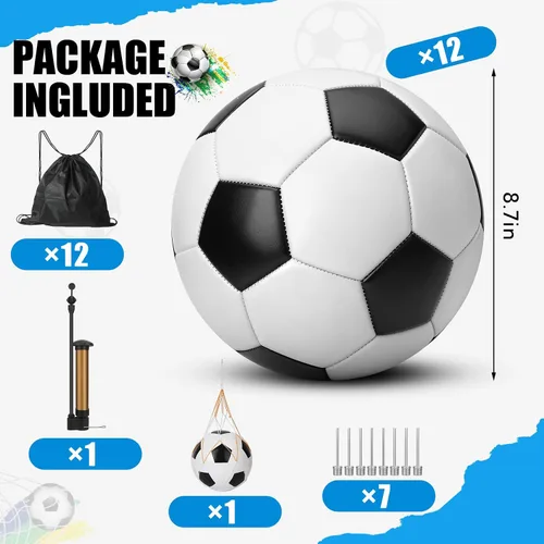 Miniatura 2 de Paquete de 12 pelotas de fútbol clásicas en blanco y negro, con bomba de fútbol y bolsa de malla, mochila de fútbol clásica. Se puede utilizar como