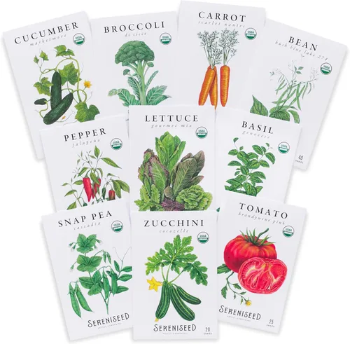Sereniseed Semillas de Verduras Certificadas Orgánicas (Paquete de 10) – Sin GMO, Polinización Abierta - Albahaca, Guisantes, Brócoli, Frijol,