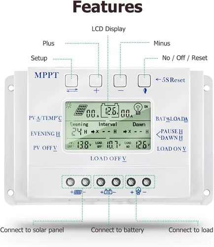 Miniatura 3 de MPPT T-10 Controlador de carga solar de 12 V 24 V para entrada máxima de 48 V con pantalla LCD, controlador de carga MPPT compatible con PWM