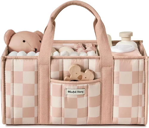 Miniatura 10 de Blissful Diary Organizador de pañales a cuadros, elegante cesta de almacenamiento para guardería, regalo para baby shower, artículos esenciales