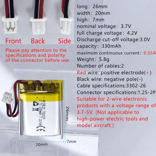 Miniatura 2 de DC 3.7V 330mAh 702025 Batería recargable de polímero de litio, adecuada para productos electrónicos de bricolaje 3.7-5V con reemplazo de batería