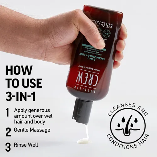 Miniatura 7 de AMERICAN CREW Manzanilla y pino 3 en 1, champú, acondicionador y gel de baño para hombres, regalo de cuidado del cabello para él, fragancia calmante