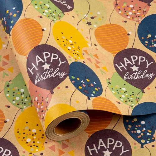 Miniatura 10 de MAYPLUSS Rollo de papel de regalo de feliz cumpleaños de los SS, envoltura de regalo de Kraft vintage Papel de regalo de 17 pulgadas x 33 pies