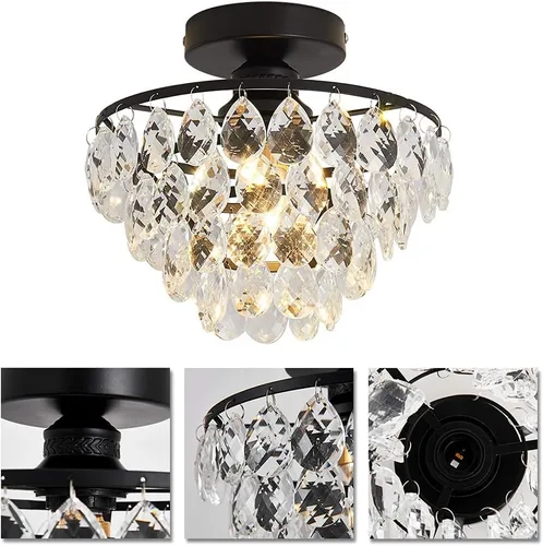 Miniatura 4 de YYJLX Lámpara de techo moderna de cristal pequeña, mini accesorio de luz de araña de montaje semiempotrado negro para pasillo, dormitorio, baño