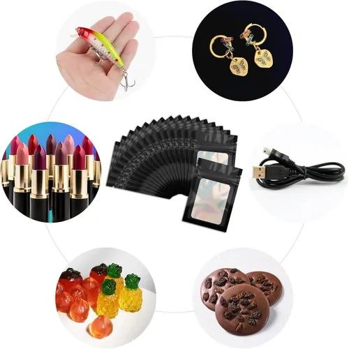 Miniatura 7 de 50 bolsas de Mylar negras de 2.7 x 3.9 pulgadas con ventana transparente, bolsa holográfica resellable para almacenamiento de alimentos, joyas
