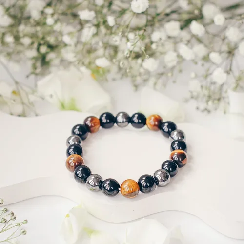 Miniatura 5 de Crystal Vibe Triple Protection Bracelet - 10mm Bead Bracelet for women men With Natural Stones of Tiger Eye Hematite and Black Obsidian - Healing