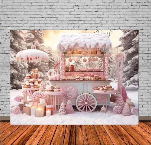 Miniatura 3 de Fondo fotográfico de Navidad rosa de 7 x 5 pies, tienda de golosinas de nieve de invierno, árbol de pino, niña, fiesta familiar, decoración