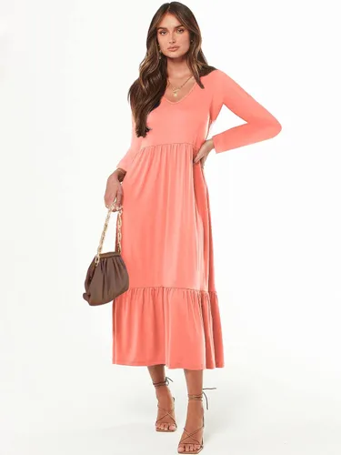 Miniatura 5 de Paintcolors Vestido largo casual de manga larga con cuello en V para mujer, vestido escalonado, color sólido, holgado, con vuelo, vestido midi