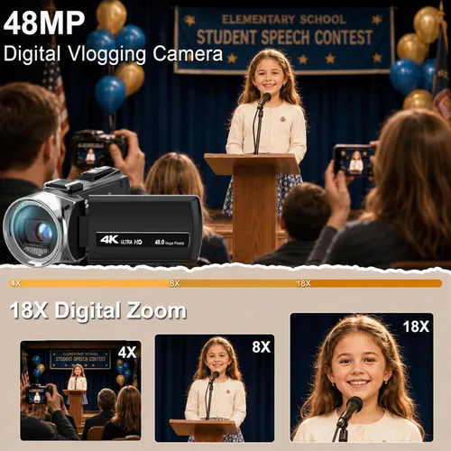 Miniatura 3 de Cámara de video 4K 48MP Vlogging para YouTube con zoom digital de 18 aumentos, pantalla LCD de 3.0" con rotación de 270°, cámara grabadora