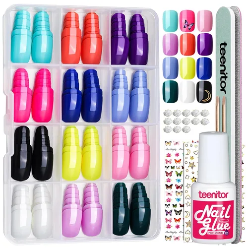 Teenitor Kit de uñas postizas extra cortas a presión - 288 piezas de uñas postizas cortas para camas de uñas pequeñas, 12 colores