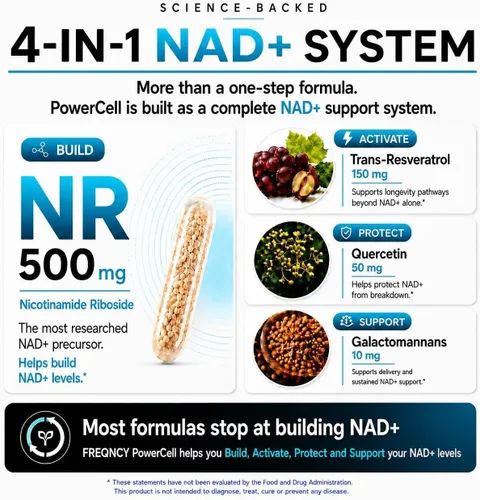 Miniatura 4 de FREQNCY Suplemento de resveratrol NAD+, 500 mg de ribósido de nicotinamida pura (NR), fórmula avanzada de NAD 4 en 1 para energía celular