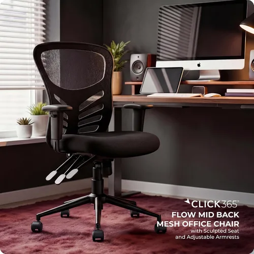 Miniatura 4 de Flow Silla de oficina de malla con respaldo medio, soporte lumbar, asiento acolchado extra negro