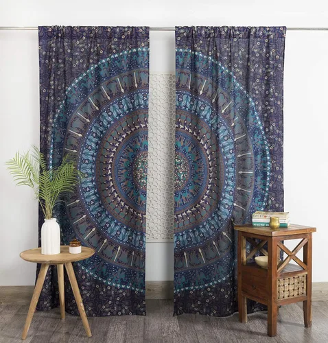 Miniatura 14 de Popular Handicrafts Cortinas hippie azul con mandala de camello de 100 pulgadas de largo para sala de estar o dormitorio, juego de 2 paneles