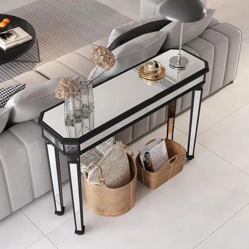 Miniatura 5 de Mesa Consola Negra con Espejo, Mesa de Sofá de Cristal Rectangular de 48 pulgadas con Elementos Tallados Vintage con Espejo, Muebles de Espejo