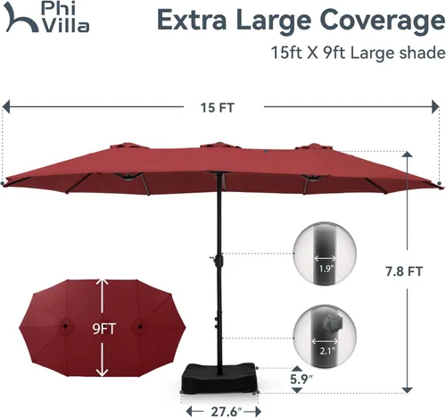 Miniatura 5 de Sombrilla para patio PHI VILLA de 15 pies, doble cara, para uso en exteriores, tamaño extragrande con manivela, base de sombrilla incluida