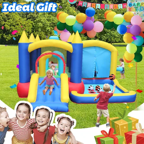 Miniatura 7 de Casa inflable de la despedida con el pozo de bolas y la tienda, castillo animoso 7 en 1 W/soplador Gran casa de salto con baloncesto, boxeo