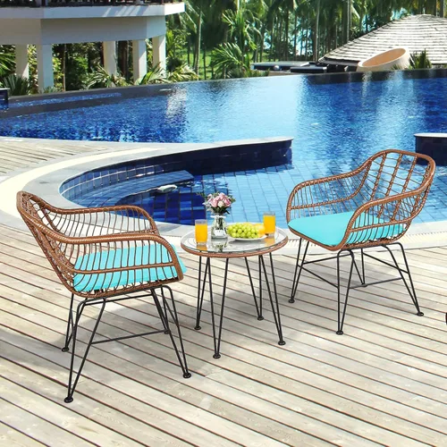 Miniatura 13 de Tangkula - Juego de 3 piezas para conversación en el patio, juego de muebles de mimbre al aire libre con mesa redonda de vidrio templado y 2
