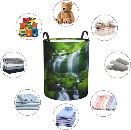 Miniatura 6 de Waterfall Green print Circular Hamper Waterproof Storage Bin Organizer Basket Laundry Hamper With Handles For Clothes Toys Small