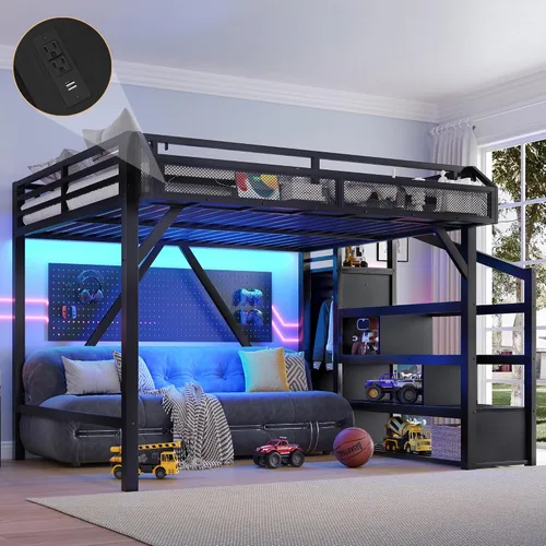 Miniatura 17 de Bellemave Cama tipo loft de metal de tamaño matrimonial con escritorio en forma de L, marco de cama tipo loft con luz LED, estación de carga