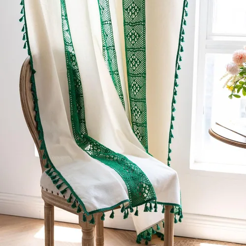 Miniatura 29 de Deeprove Cortinas bohemias para dormitorio, rayas huecas de ganchillo crema y estampado floral, tela de lino de algodón, con borlas beige bohemias