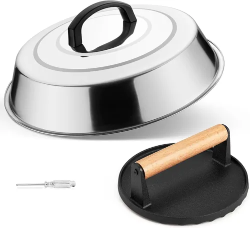 Leonyo Smash - Kit de hamburguesa, cubierta de hilvanado de 12 pulgadas para plancha, prensa redonda de tocino de hierro fundido para queso, tapa de