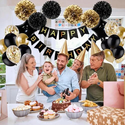 Miniatura 7 de Decoraciones de cumpleaños para hombres, suministros de decoración de fiesta dorado y negro, incluye pancarta de feliz cumpleaños, confeti, globos