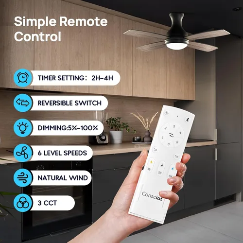 Miniatura 6 de Consciot Ventilador de techo de 52 pulgadas con luces, ventilador de techo negro moderno, control remoto, motor CC reversible silencioso, montaje
