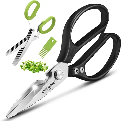 Miniatura 8 de ONEBOM - Tijeras de cocina, tijeras de cocina resistentes con hoja dentada para cortar carne, alimentos, pescado, aves de corral, accesorios de Oro