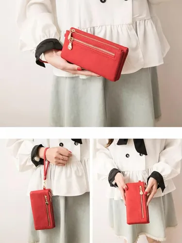 Miniatura 7 de Aslana Cartera larga de cuero suave con correa de mano bolso de embrague para las mujeres multi función tarjetero teléfono bolsa, #04 Rojo
