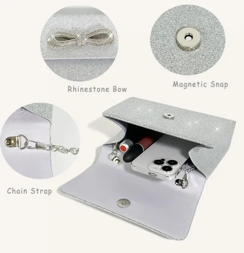Miniatura 3 de Bolso de noche con lazo brillante para mujer, con purpurina, con strass, bolso de mano, para cóctel, de graduación, de fiesta, de boda