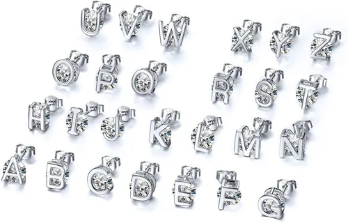 Miniatura 4 de ChicSilver Aretes pequeños con inicial para mujer, plata de ley 925 con circonita cúbica, hipoalergénicos (con caja de regalo)