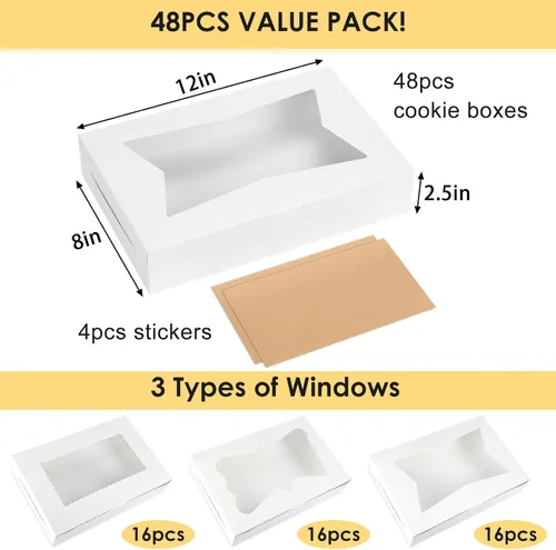 Miniatura 2 de Moretoes 48 cajas de panadería, cajas de galletas de 12 x 8 x 2.5 pulgadas con ventana de 3 estilos para fresas cubiertas de chocolate, postres