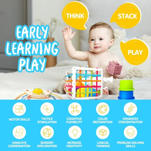 Miniatura 6 de Juguetes Montessori para bebés de 0-3-6-12 meses, juguetes 6 en 1 para bebés de 4, 5, 6, 7, 8, 9 meses, juguetes apilables de bloques para bebés