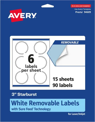 Avery Etiquetas Starburst extraíbles de color blanco mate, tecnología Sure Feed, impresión hasta el borde, 3 ", 90 etiquetas extraíbles, imprimible