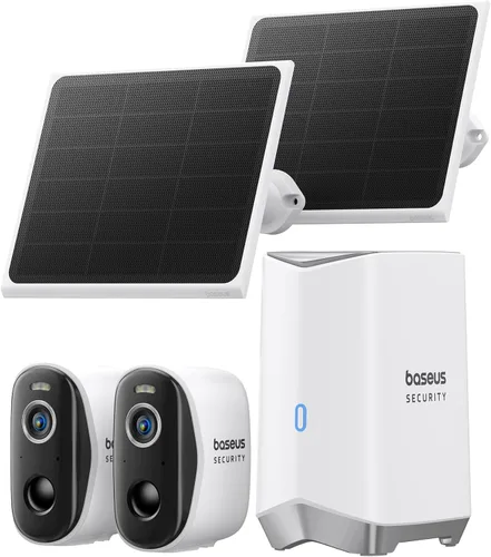Baseus Cámaras de seguridad solares inalámbricas para exteriores, kit de 2 cámaras N1 con panel solar 3W, cámara de visión nocturna a color 2K para